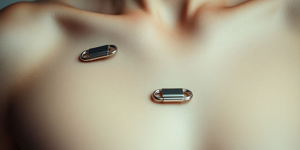 Close-up of a person's torso with nipple clamps.
