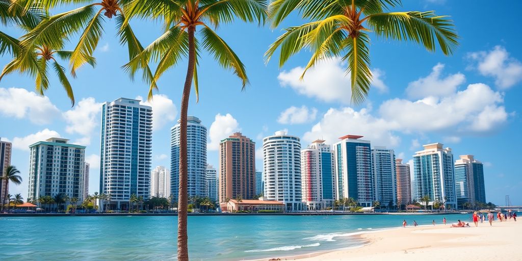 Miami skyline with palm trees and luxury condos.