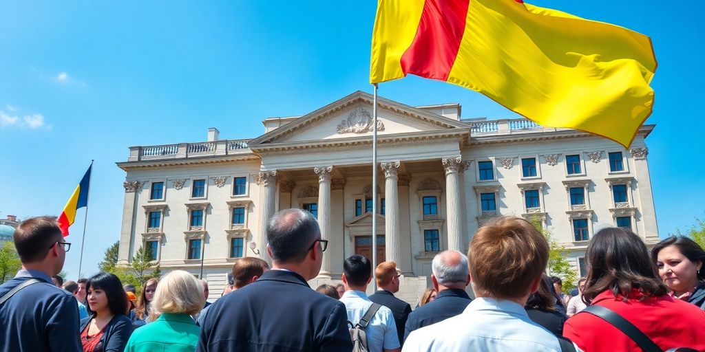 Romanian flag flying in front of a government building.
