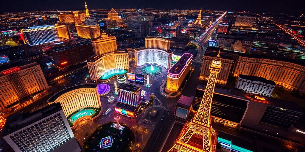 A helicopter flying over the brightly lit Las Vegas Strip.