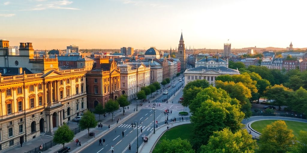 Cityscape of U K with iconic landmarks and urban life.
