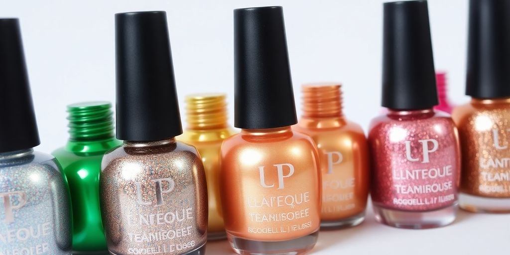 Esmaltes metálicos coloridos em fundo suave.