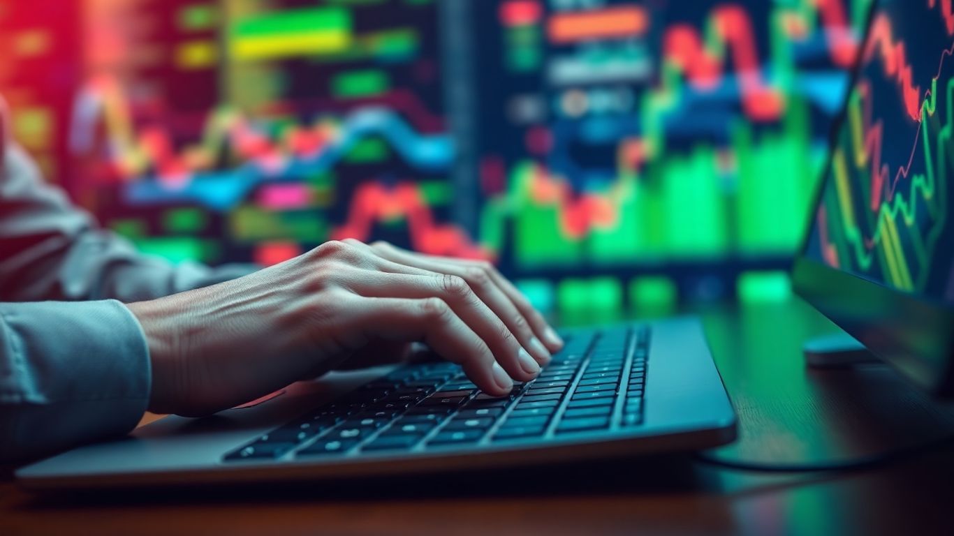Trader's hands actively using computer equipment for trading.