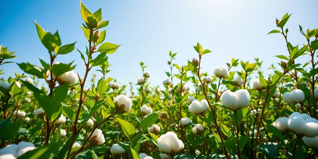 Field of organic cotton plants with fluffy white bolls.