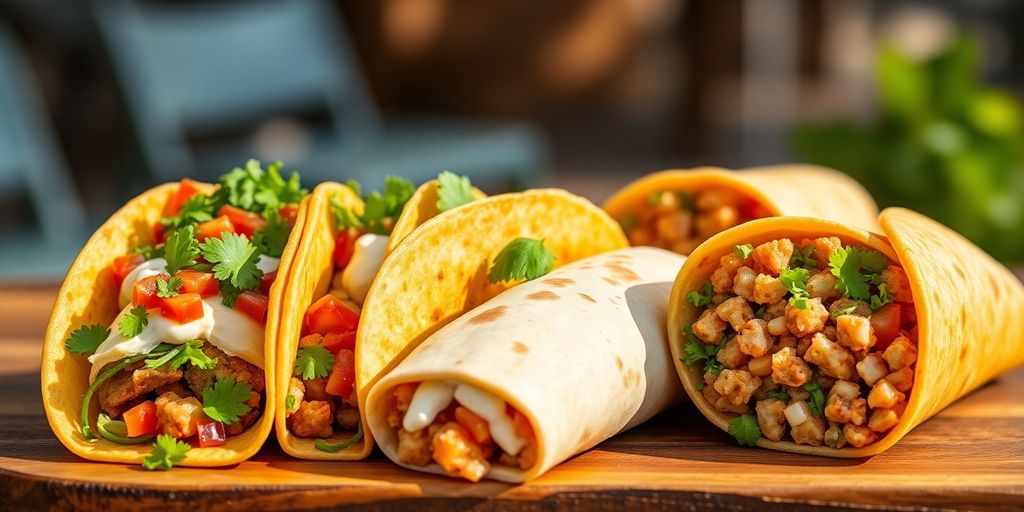 Assorted tacos and burritos on a wooden table.