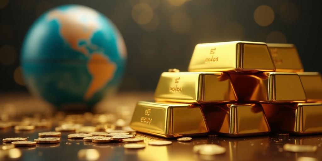 Des lingots d'or empilés avec un globe flou en arrière-plan.