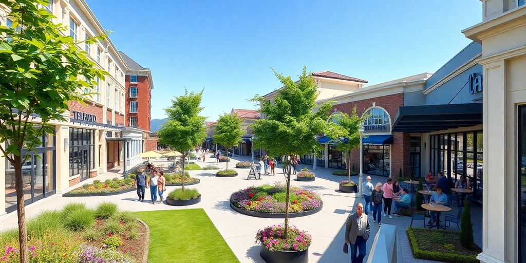 Aerial view of Telford Plaza with greenery and shops.