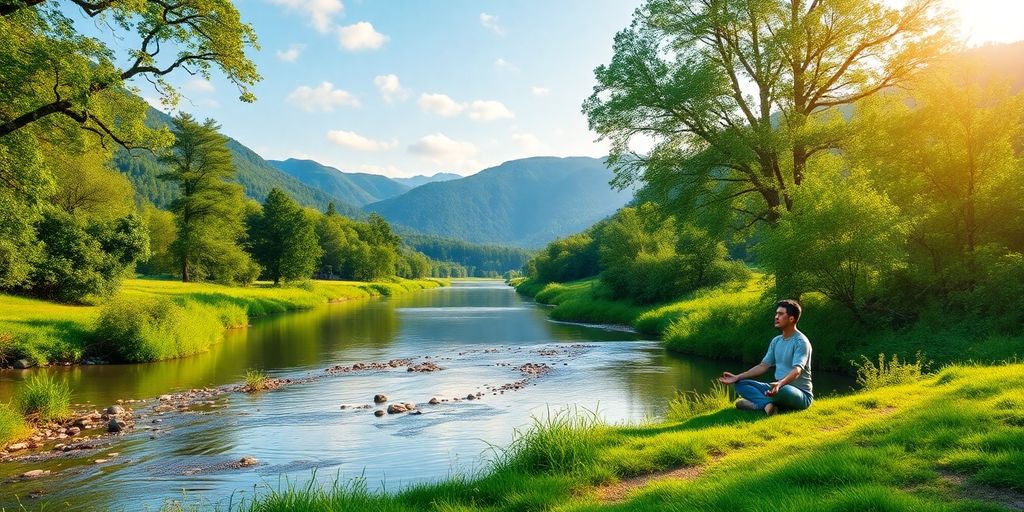 Person meditating by a serene river in nature.