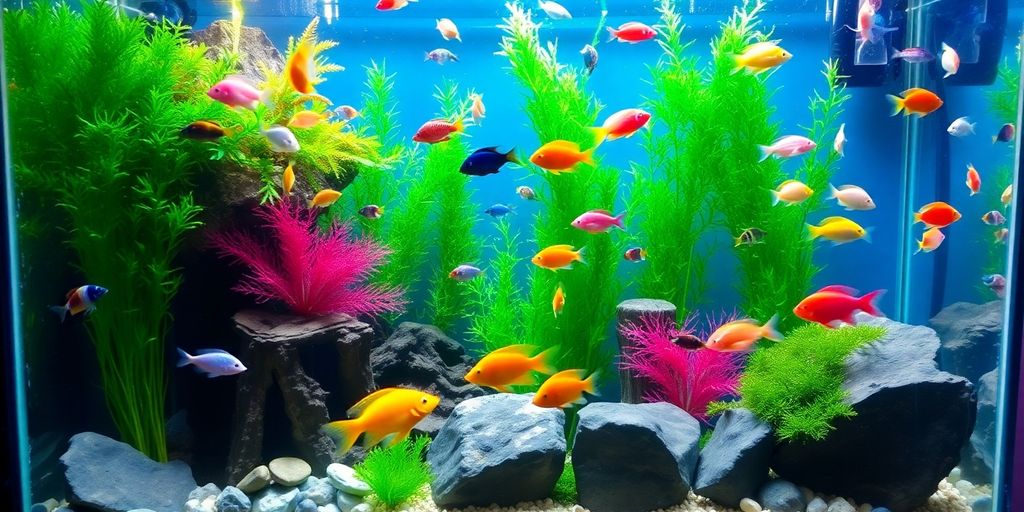 Peces coloridos nadando en un acuario bellamente decorado.