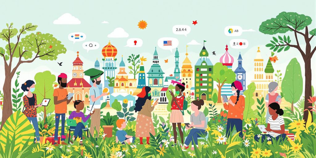 Diverse individuals using digital devices for translation services.