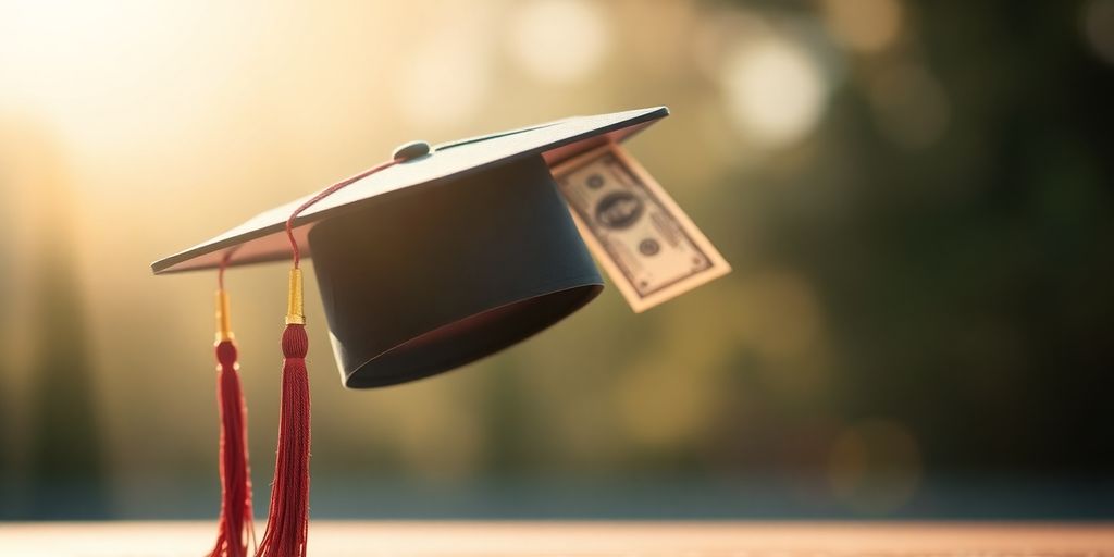 Graduation cap with a bill falling from it.