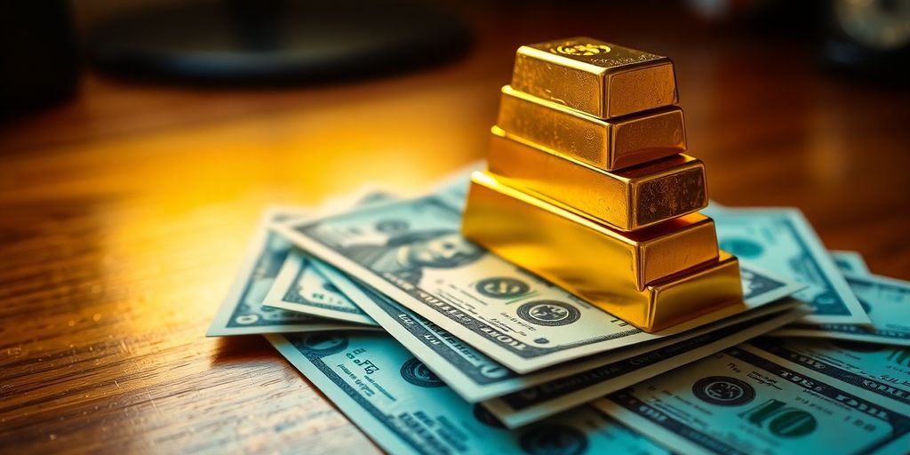 Barres d’or brillantes empilées sur des billets de dollar américains.