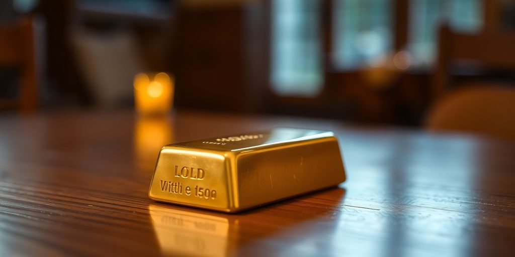 Lingot d’or sur une table en bois.