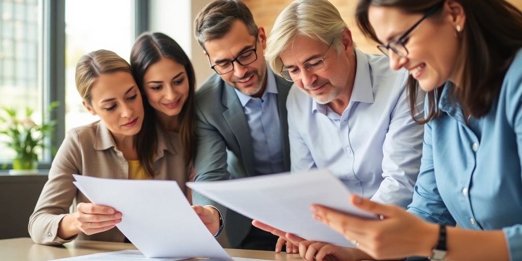 Diverse people discussing legal documents in a professional setting.
