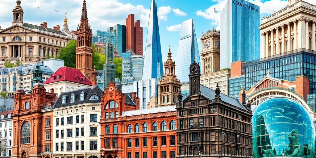 Iconic British city skylines and landmarks.