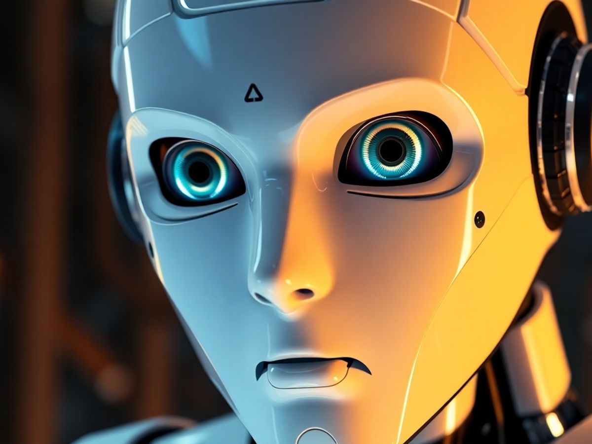 Humanoid robot with expressive features in a tech environment.