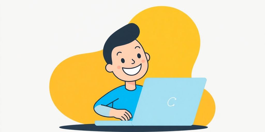 Cartoon person easily completing an online loan application.
