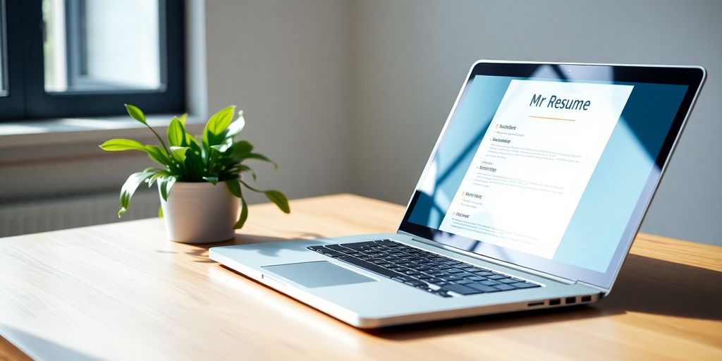 Laptop on desk with resume on screen.