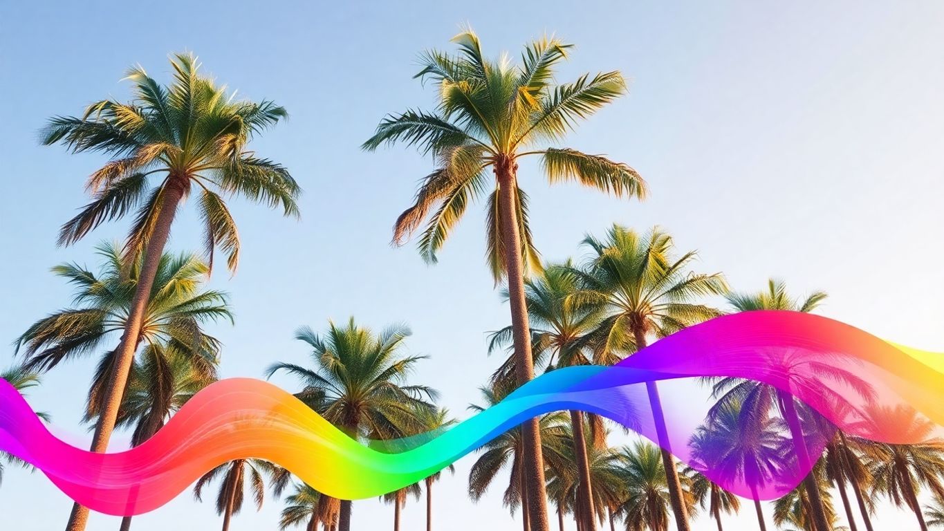 Abstract sound waves merging with tropical palm leaves.