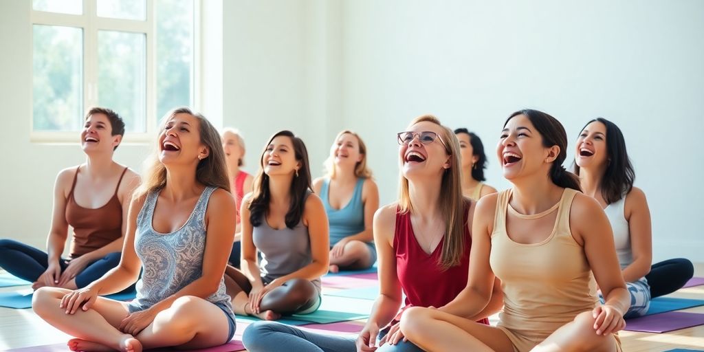 Groep lachyoga beoefenaars lachen samen op yogamatten in lichte studio.