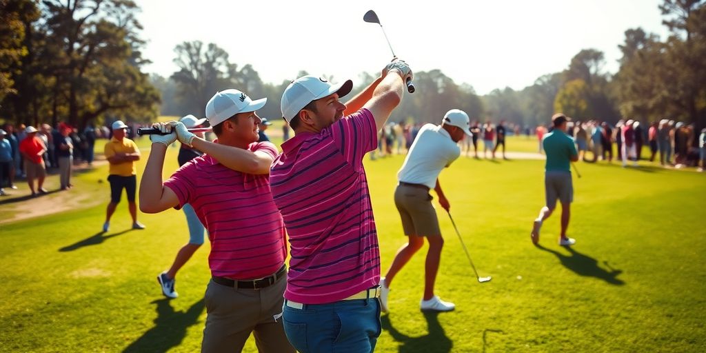 Golfers competing in a tournament on a sunny day.