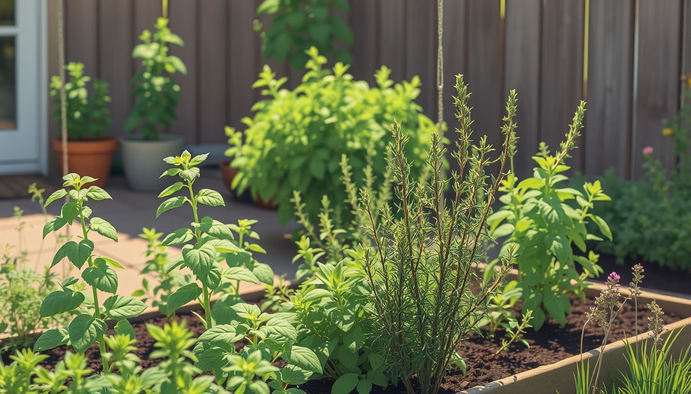 Lush outdoor herb garden with basil, rosemary, and thyme.