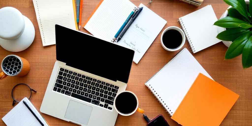 A cozy workspace with a laptop and coffee.