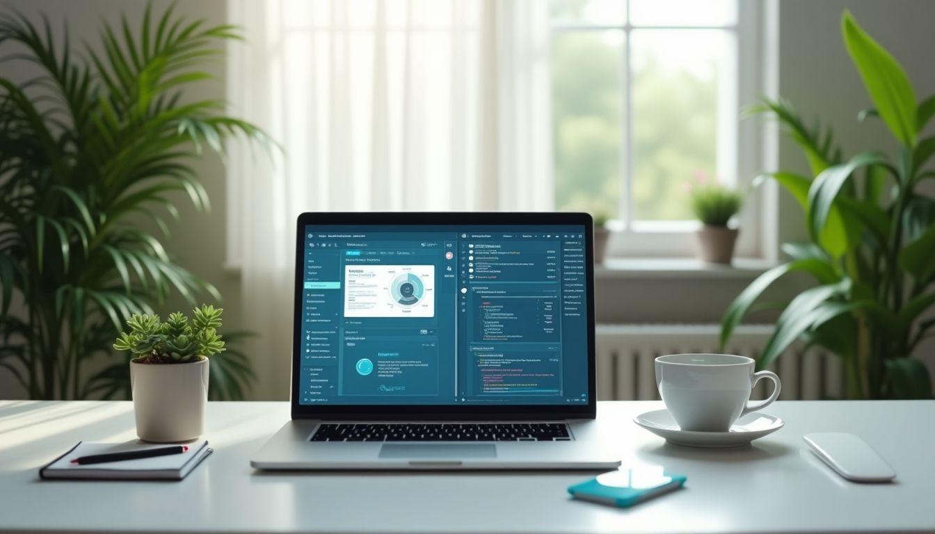 A modern workspace with AI software and plants.