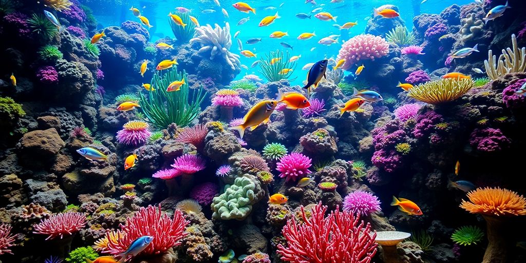 色彩斑斓的海洋礁石水族箱，内有多样的鱼类和珊瑚。