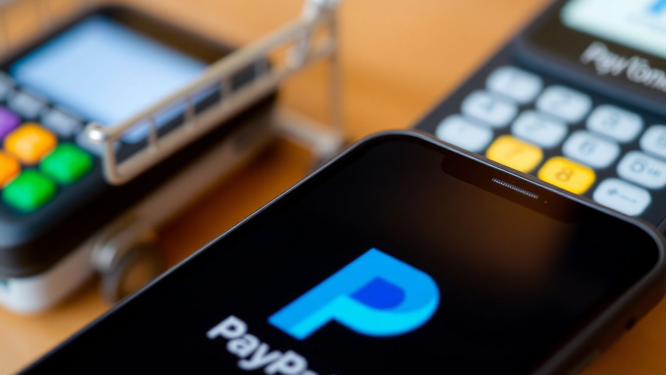 Logotipo do PayPal em smartphone com elementos de compras.