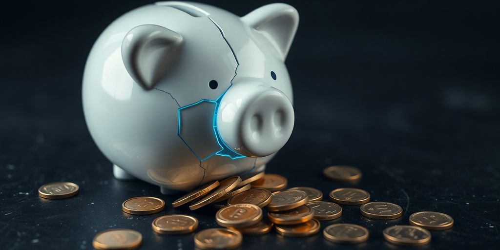 Cracked piggy bank, falling coins, digital glow.