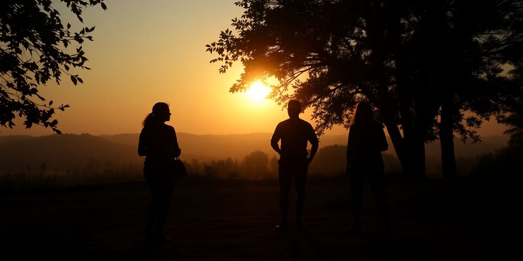 Silhouettes against a sunrise in a peaceful outdoor setting.