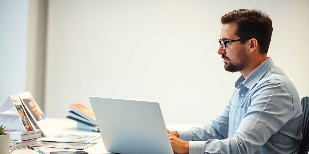 Marketing specialist analyzing data in a bright office.