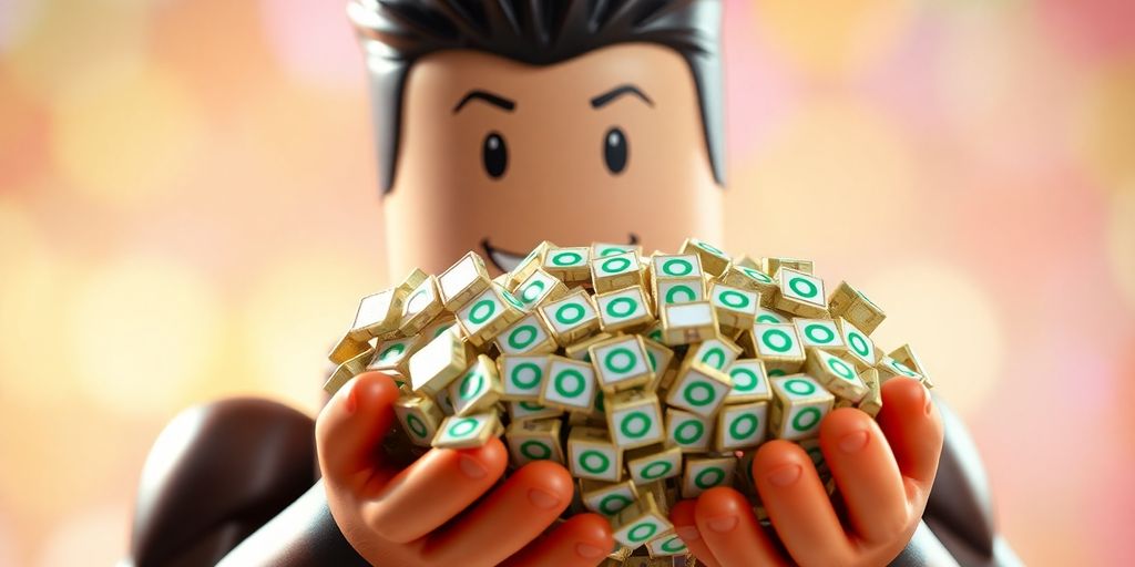 Roblox character gleefully holding a pile of Robux.