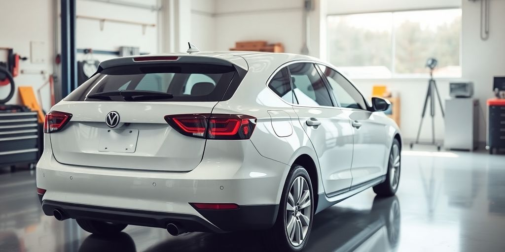 Sauberer Wagen in einer hellen Garage, bereit zur Prüfung.