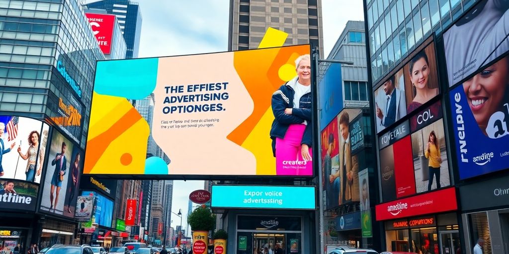 Colorful billboard in a lively city environment.
