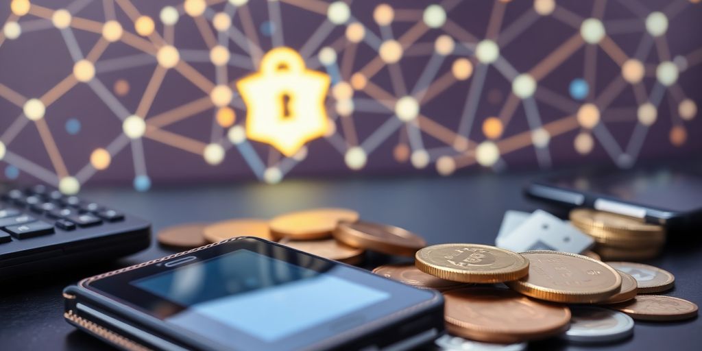 Digital wallet with currencies and blockchain elements.