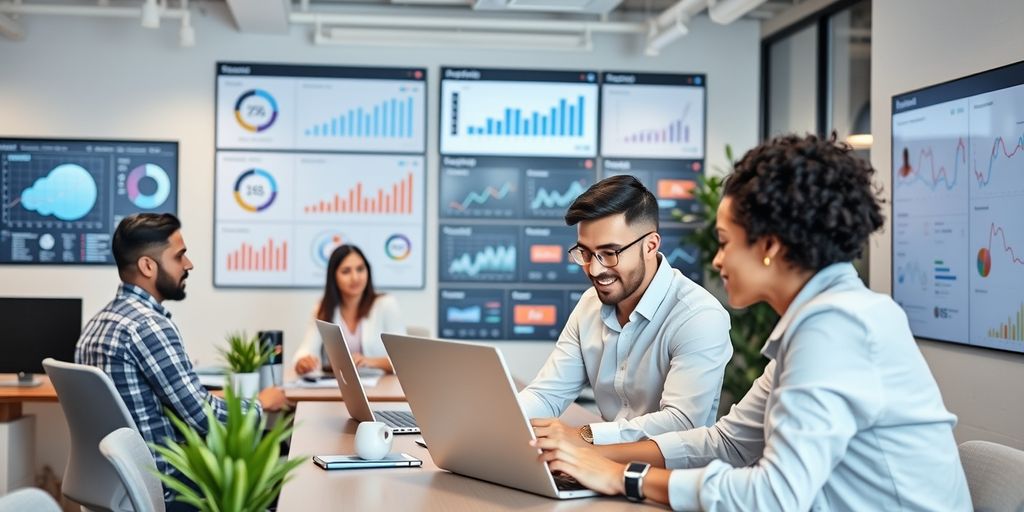 Profissionais de marketing digital colaborando em escritório moderno.