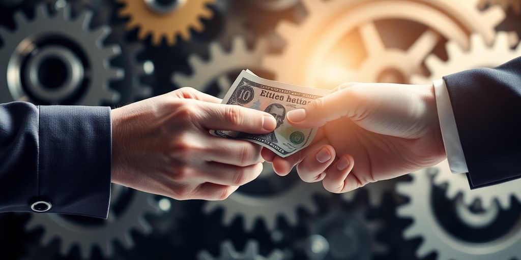 Hands exchanging money, gears, glowing light.