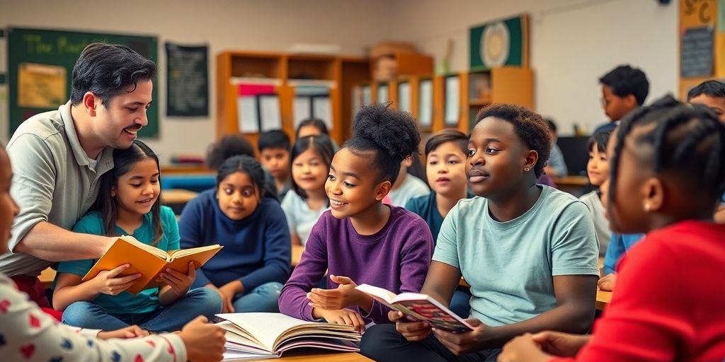 Students sharing stories in a bright classroom setting.