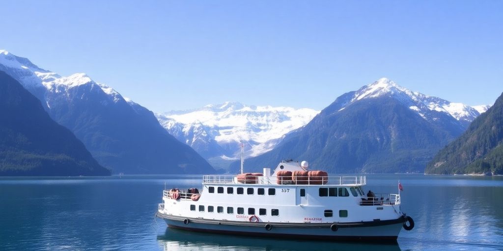 A small expedition ship anchored in a scenic Alaskan fjord.