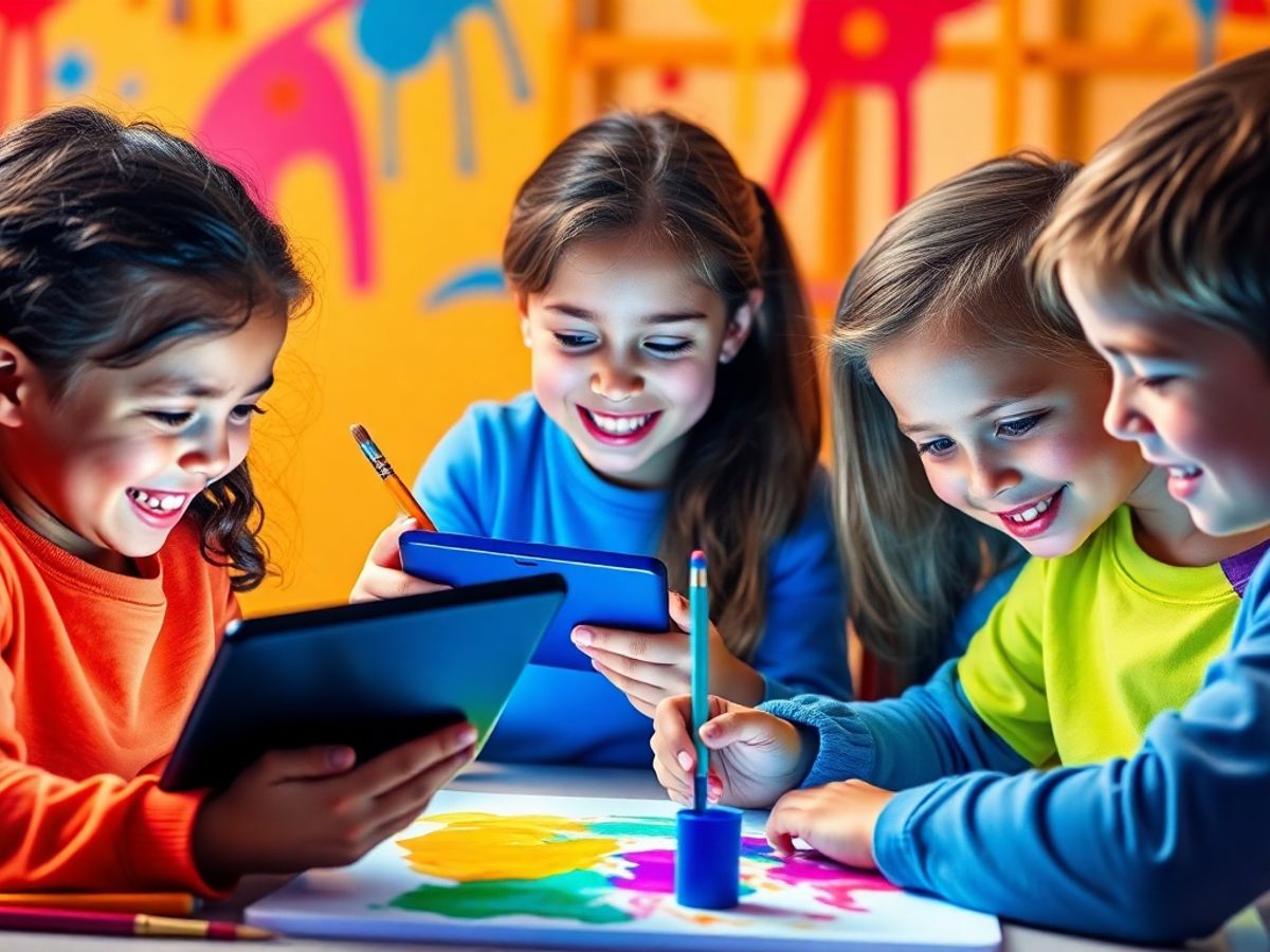 Copii creativi folosind dispozitive digitale pentru a crea.
