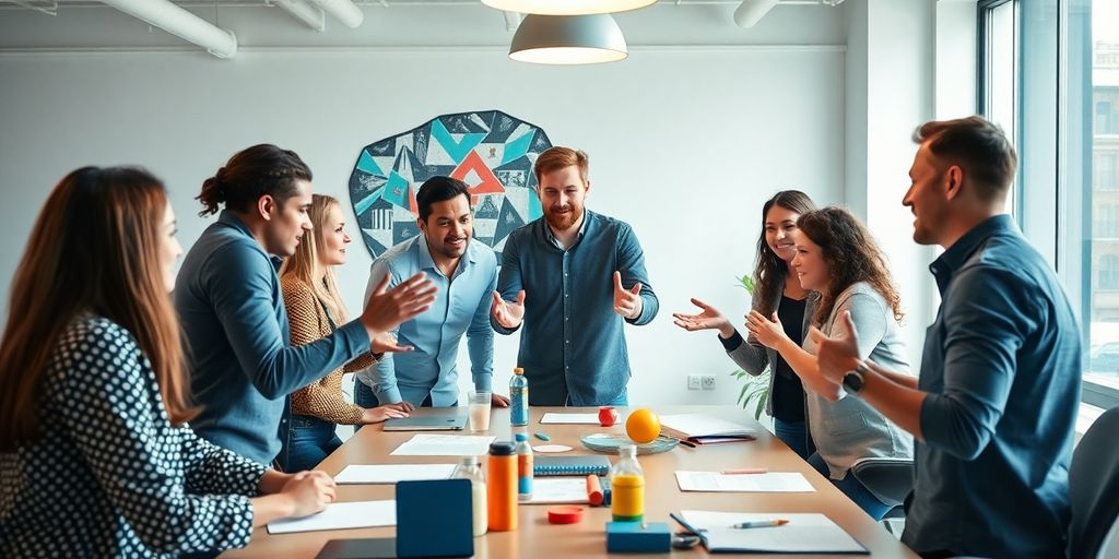 Diverse group collaborating on digital marketing strategy.
