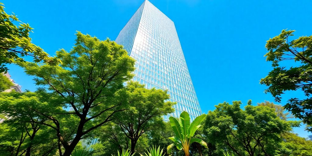 Modern office building with green trees.