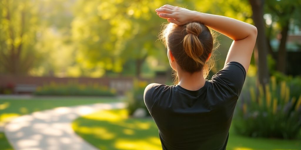 Person stretching outdoors at sunrise.