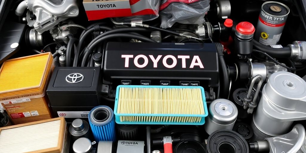Toyota car parts laid out on a clean surface.