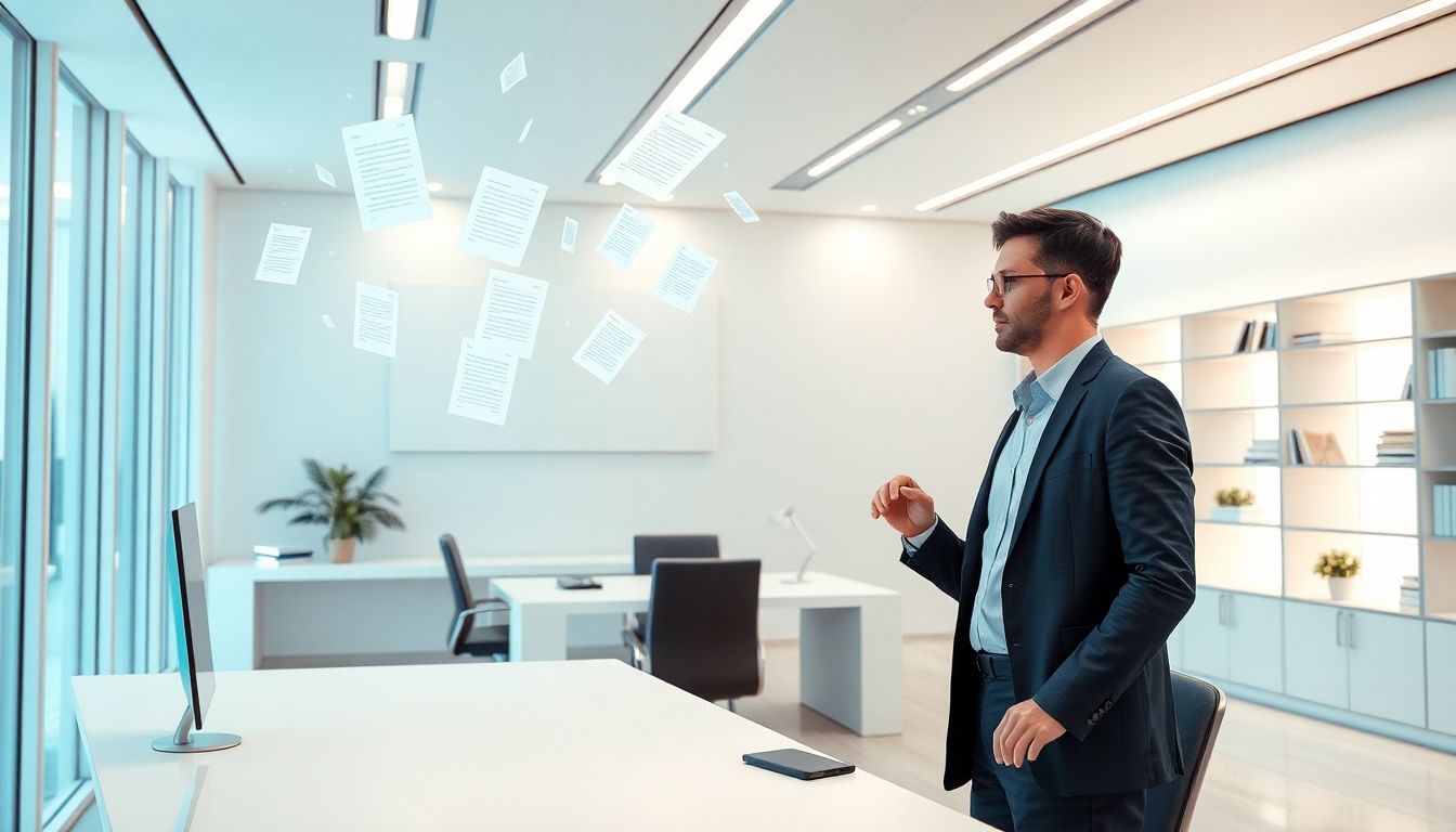 Futuristic law office with AI technology and digital documents.