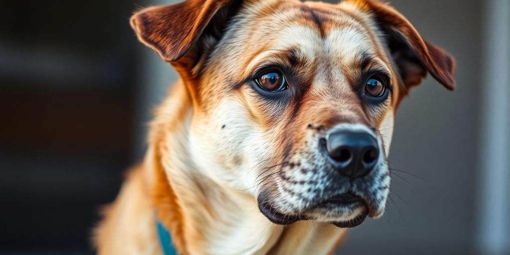 Cachorro com expressão preocupada em fundo desfocado.