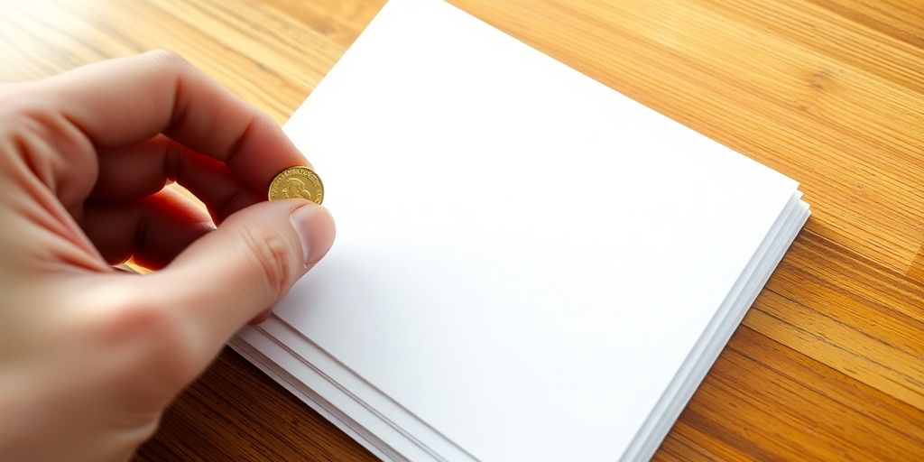 Main tient petite pièce d’or près de feuilles blanches vierges