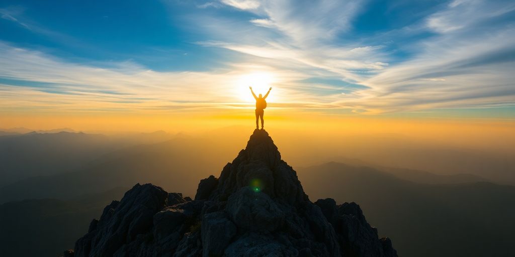 Person climbing a mountain peak at sunrise.